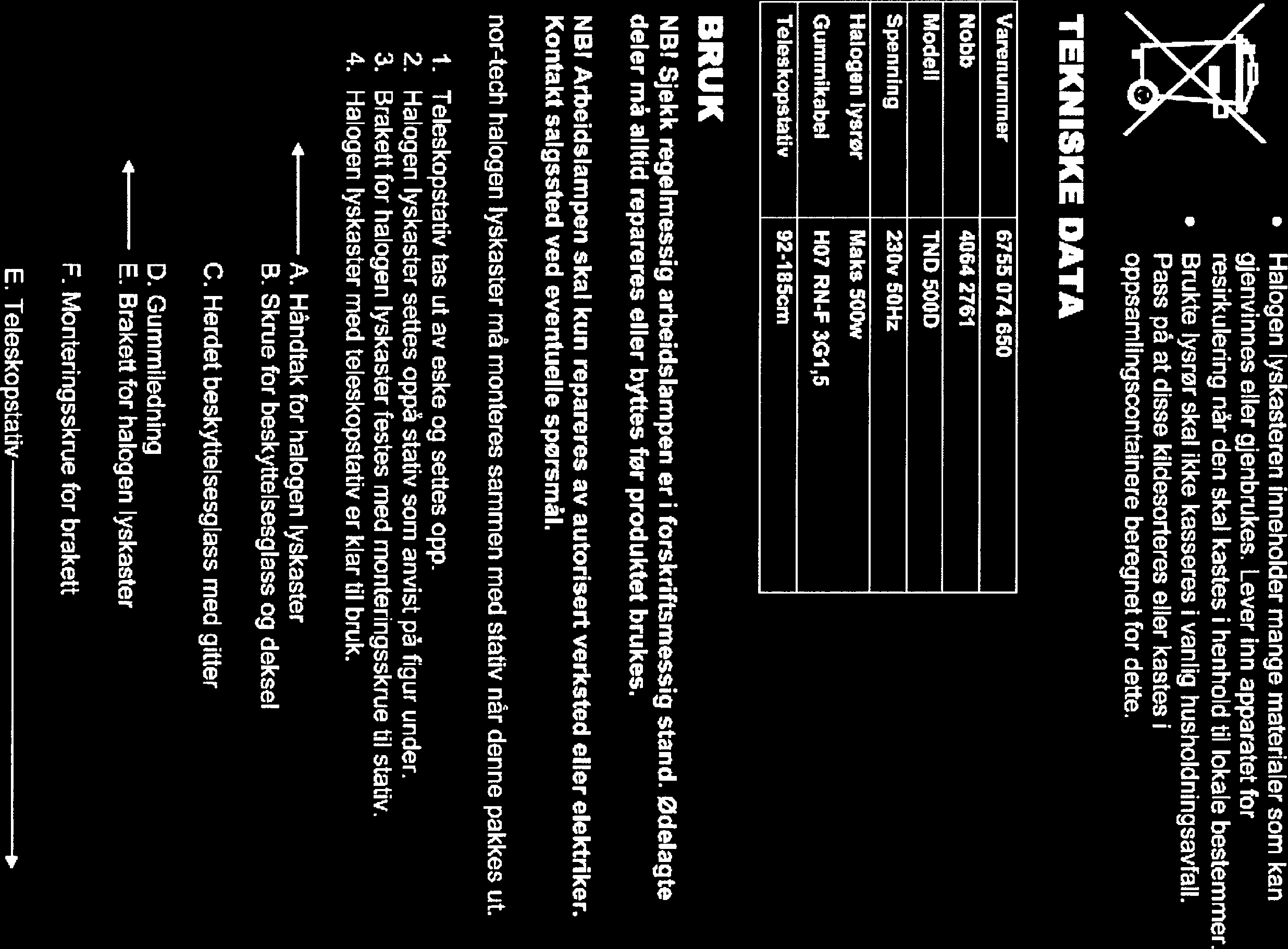 TEKNISKE DATA Varenummer 6755 074 650 Nobb 4064 2761 Modell Spenning Halogen lysror Halogen lyskasteren inneholder mange materialer som kan gjenvinnes eller gjenbrukes.