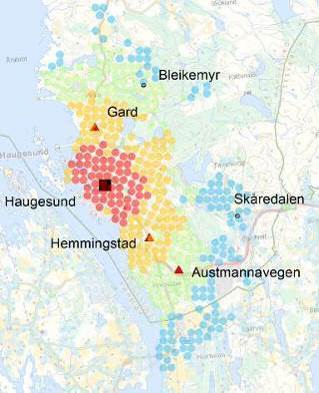 Haugalandet i dag («sykkeltilbøyelighet»). Potensialet er høyest blant bosatte i sentrumsnære områder i Haugesund og Sauda, dvs.