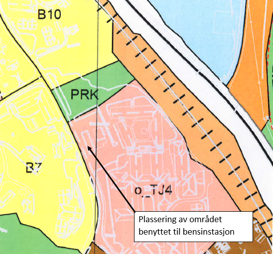 Fig 2. Utsnitt av vedtatt kommunedelplan, med angivelse av området for bensinstasjon.