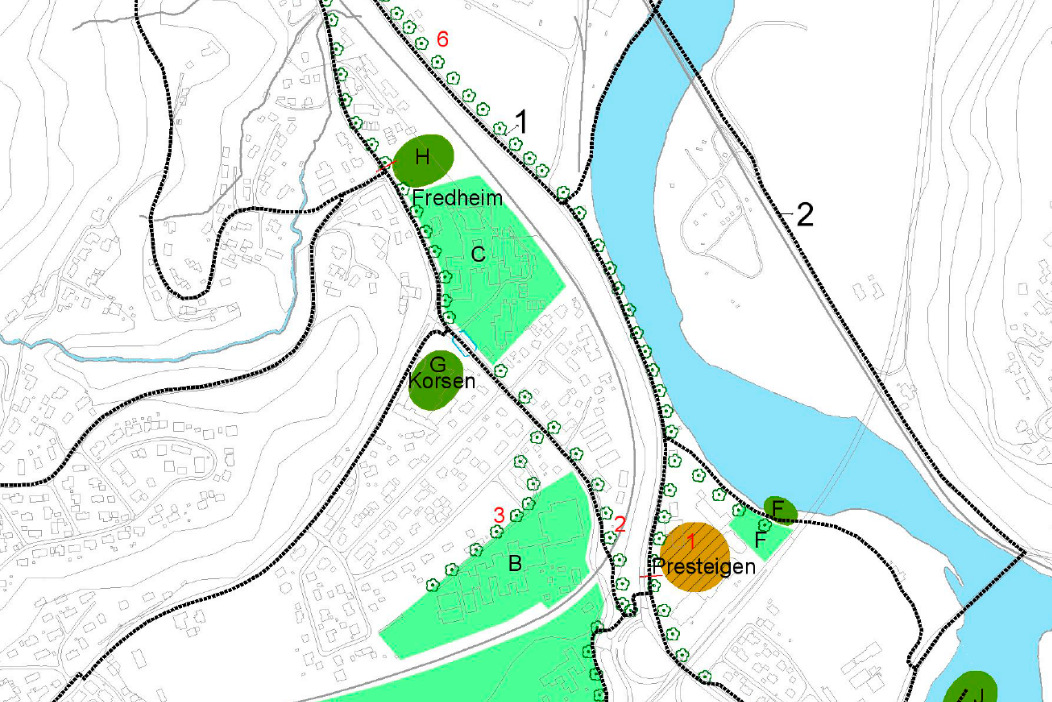 Deler av området ved rådhuset/svartøymonen (område C) og Fredheim park (område H) er med i planområdet. Figur 3.