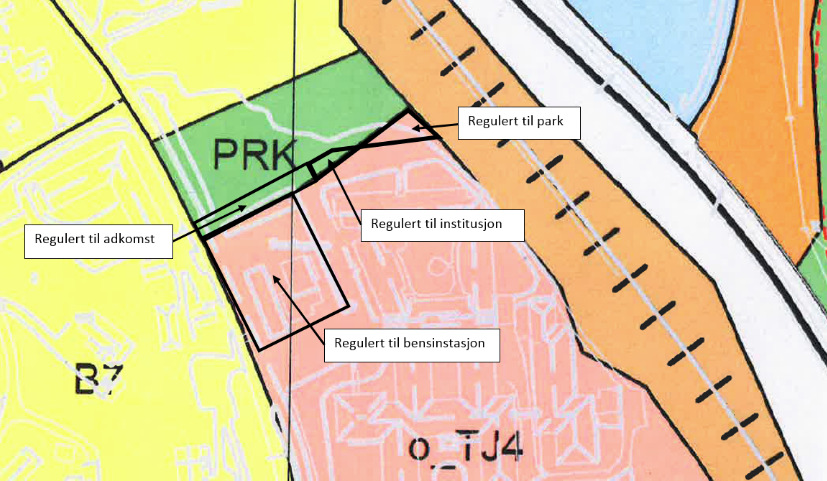 Figur 4. Utsnittet av kommune-delplan med inntegnet arealer fra gjeldende reguleringsplan. Det skal bygges nytt storkjøkken på ca.