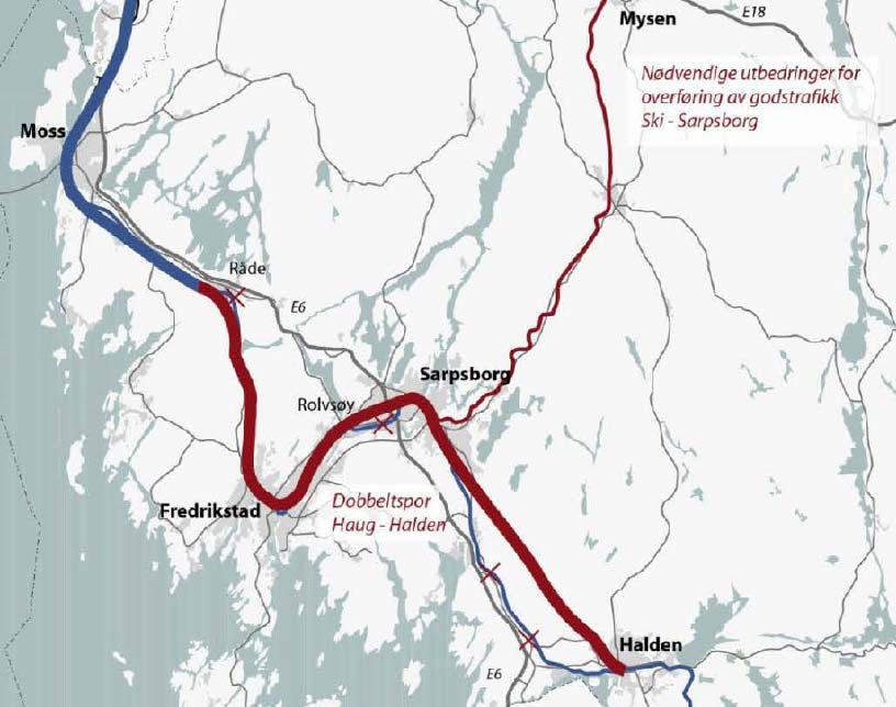 Figur 3: Anbefalt alternativ (ØB 4B) fra KVU for InterCity-strekningen 2012 (kilde: KVU for IC-strekningen Oslo-Halden) Nasjonal Transportplan 2014-2023 (NTP) [1] Regjeringens overordnede mål for