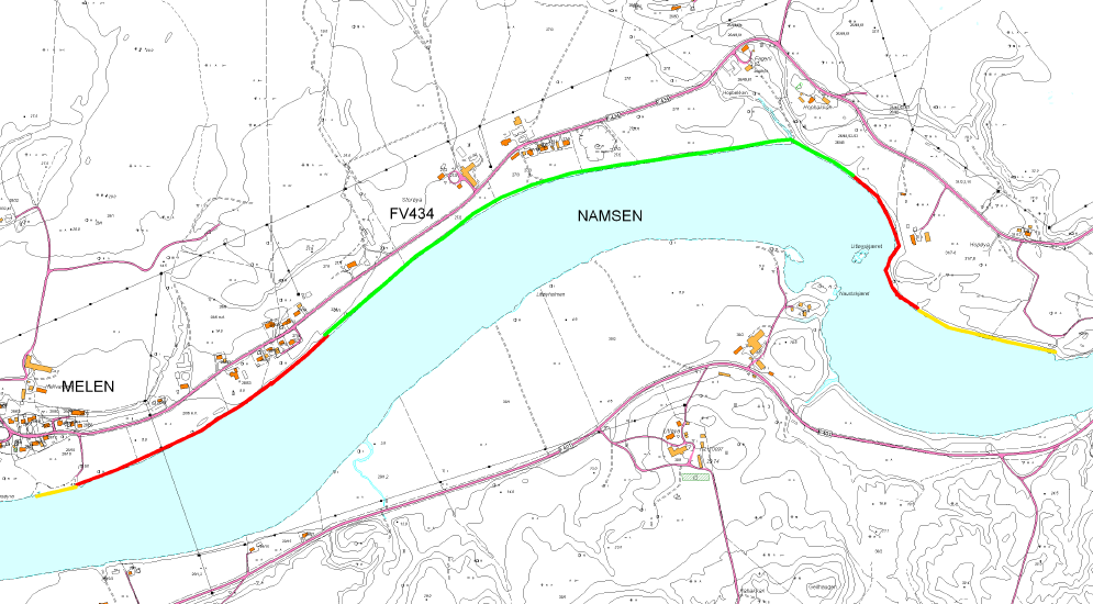 Kartutsnitt som viser sikringsanleggets utstrekning slik det ble bygget. Rød markering viser de to områdene som nå foreslås forsterket. Grønn markering viser området som ble reparert i 2006/2008.