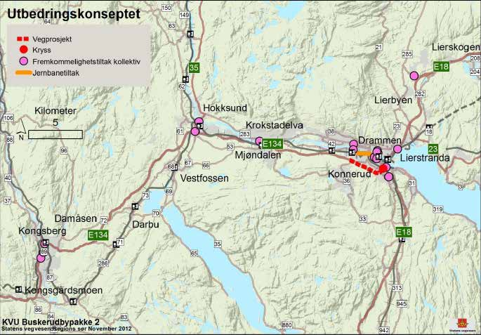 Utbedringskonseptet Utbedringskonseptet har til hensikt å utnytte dagens system for å øke effektiviteten og redusere privatbiltrafikken. Det består av mindre tiltak på veg, jernbane og buss.