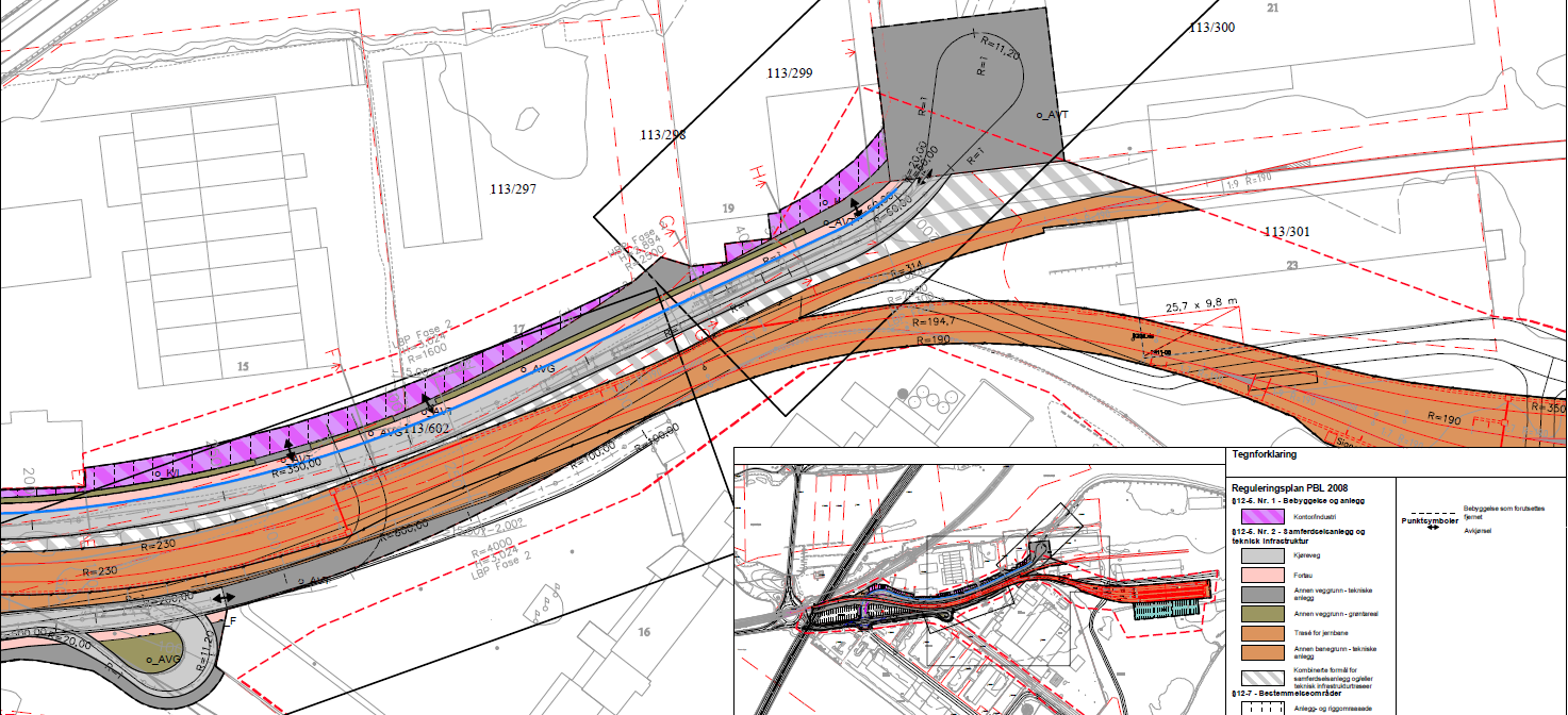 ros-analyse 6 av 13 Figur 4: Skisse planforslag med jernbanespor langs Kjerraten med industri/næringsvirksomhet på nordsiden av veien og jernbanen.