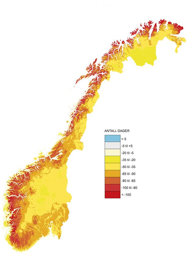 Klimaframskrivinger 2050-2100 Temperaturøkning 1 2,3 4,6 o C Økning vekstsesong 1-2 måneder Snøsesongen kortere i hele Norge 90% av breene