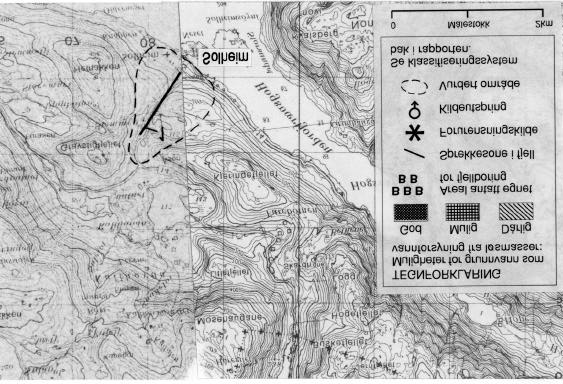 Fig. 1 Utsnitt av kartbladene (M711) 1116 I Masfjorden og 1216 IV Matre som viser det vurderte området på Solheim. RISNES Risnes har et vannbehov på 0.50 l/s.
