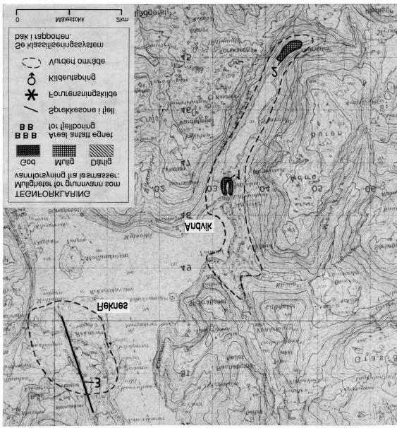 Fig. 4 Utsnitt av kartblad (M711) 1116 I Masfjorden som viser de vurderte områdene på Reknes og Andvik.