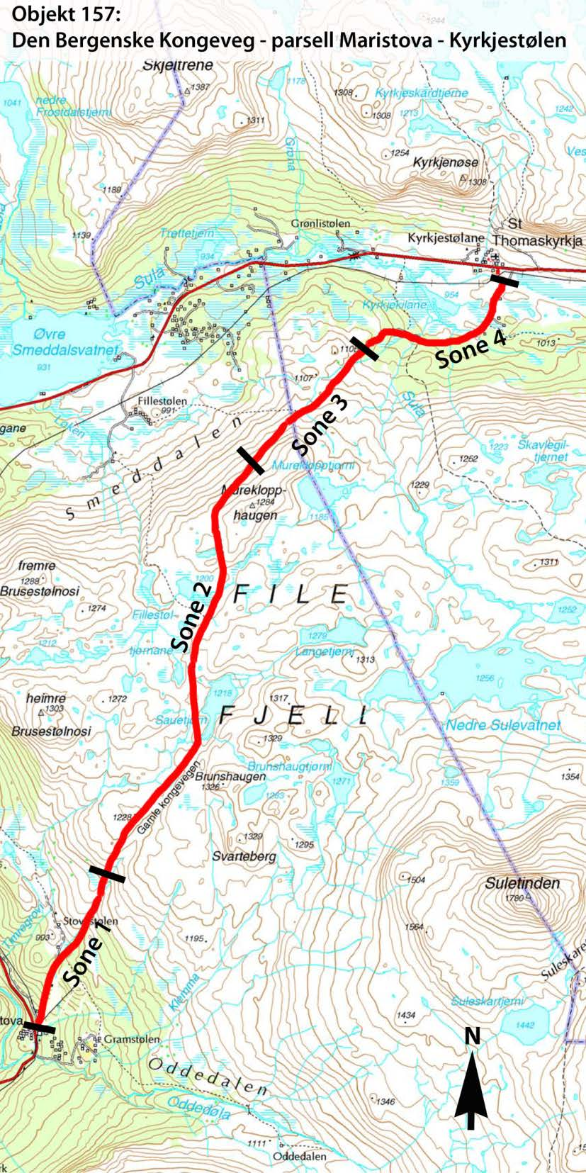 5. Tilstandsbeskrivelse og tiltaksplan Kongevegstrekningen mellom Maristova og Kyrkjestølen er hele 10 kilometer lang. Det har derfor vært hensiktsmessig å dele den inn i 4 soner i skjøtselsplanen.