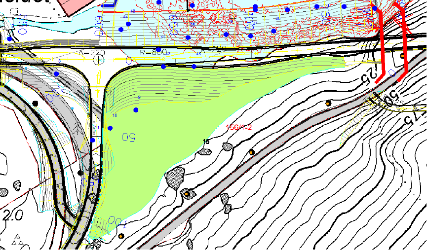 Figur 10: Planlagt område for kollektivknutepunkt. På prikker markerer utførte grunnboringer i det aktuelle området. Figur er hentet fra Statens vegvesen rapport 30013-GEOT-1.