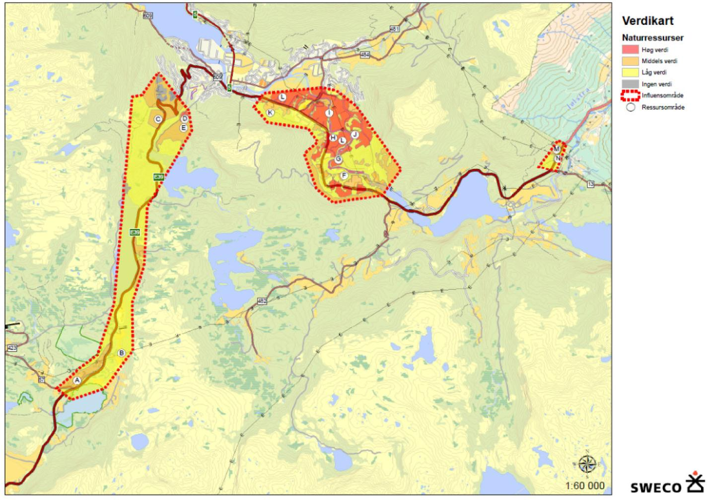 Fig. 1.8. Verdikart Naturressursar Vi gjer eit atterhald om at det kan finnast verdifulle naturressursar som ikkje er fanga opp i denne overordna analysen. 1.3.6.2.