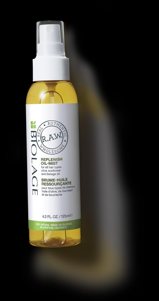 BIOLAGE R.A.W R E P L E N I S H O I L M I S T FOR ALLE HÅRTYPER Biolage R.A.W Replenish Oil-Mist er supermat for håret ditt. Den passer til alle hår typer, og er en spray med flere egenskaper.