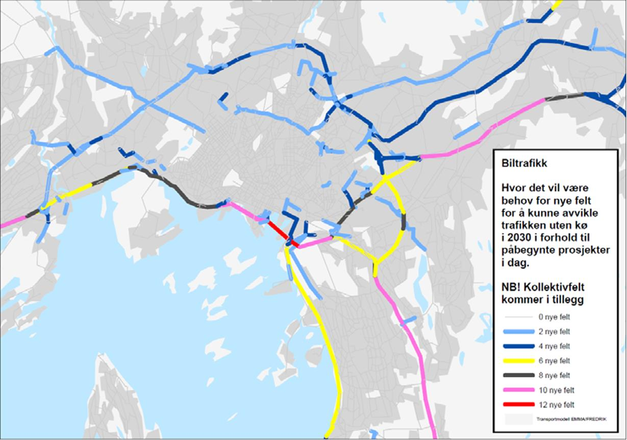 Antall nye felt det er behov for i 2030 for å unngå forsinkelser. Kollektivfelt er ikke medregnet.