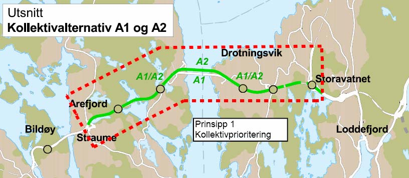 Prinsipp 1; Berre kollektivprioritering-ikkje utviding av vegkapasitet Alt 1 strakstiltak løyser ikkje framtidige utfordringar Alt 2 - Ny 2-feltsbru med g/s-veg.