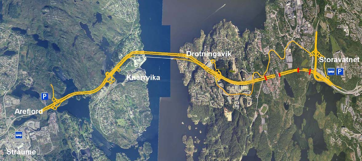 Prinsipp 2; Nytt samband i dagens korridor Arefjord Storavatnet Aktuelle alternativ Alt C9 bru like nord for dagens bru, utviding av eksisterande rv 555 Ny 4 felts bru med g/s-veg over sundet.