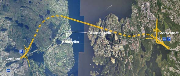 Prinsipp 2; Nytt samband i dagens korridor Arefjord Storavatnet Ikkje aktuelle brualternativ Alt C11 bru i nordlegaste trasé