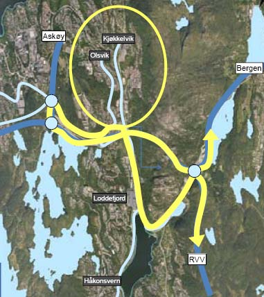 Konsekvensar for strekninga Storavatnet - Liavatnet Felles for alle alternativ Kryss ved Storavatnet Krysset ved Storavatnet må vere effektivt for å avvikle trafikk til/frå Sotra, Askøy og Bergen