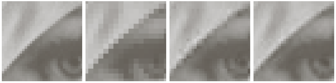 Blokk-artefakter avtar med blokkstørrelse: 24-biters RGB-bilde komprimert til,5-2 biter per piksel (bpp).