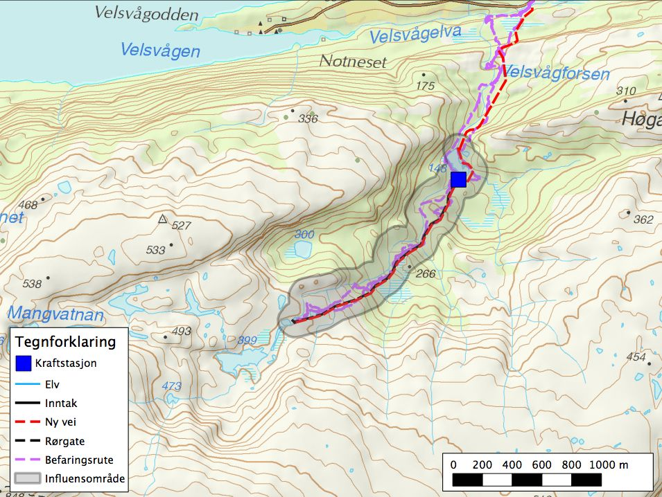 3,8 km 2. Restfeltet er på ca. 4,3 km 2, noe som er større enn nedbørsfeltet over inntaket. Vannet føres fra inntak til kraftverk i et 1650 m langt nedgravd rør. (Fig. 2 og 4).