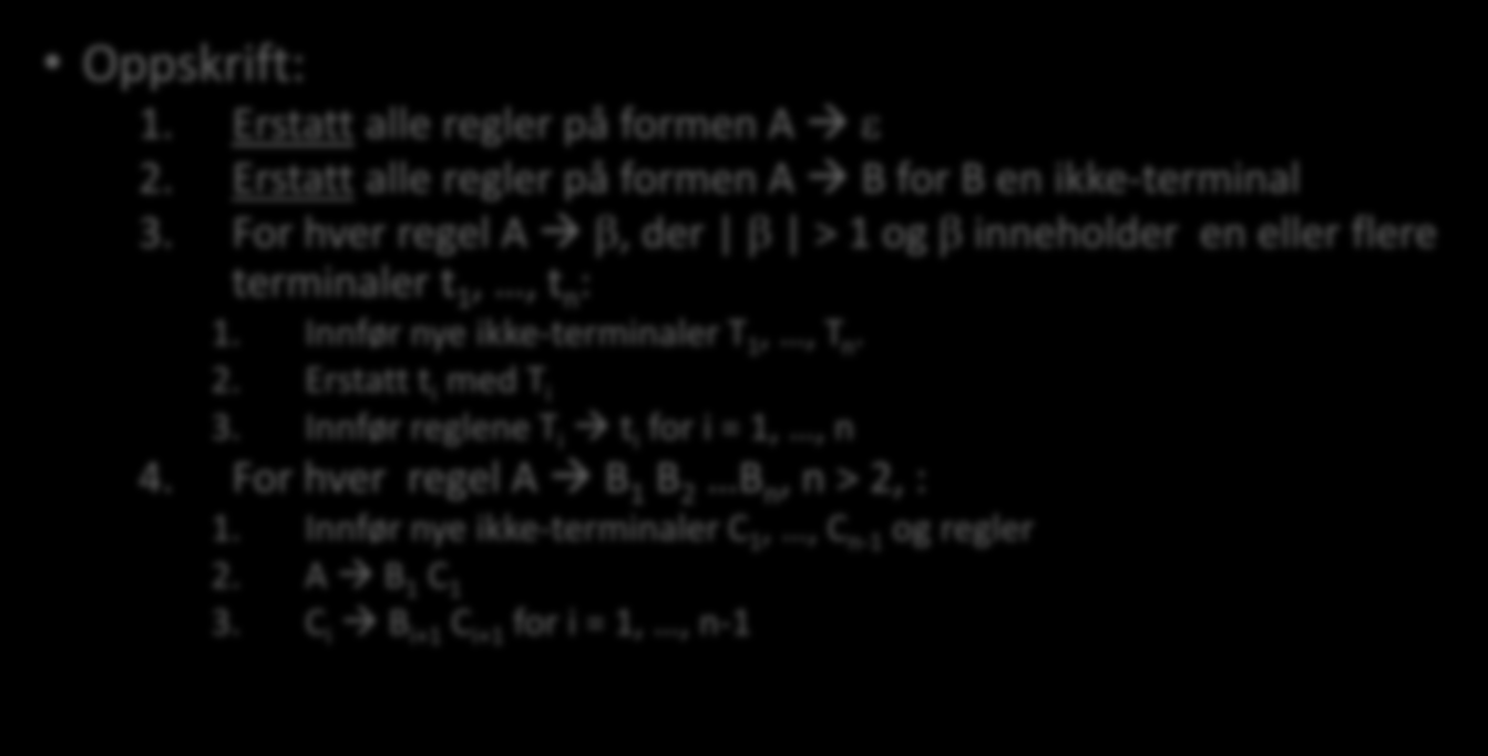 For hver regel A β, der β > 1 og β inneholder en eller flere terminaler t 1,, t n : 1. Innfør nye ikke-terminaler T 1,, T n. 2.