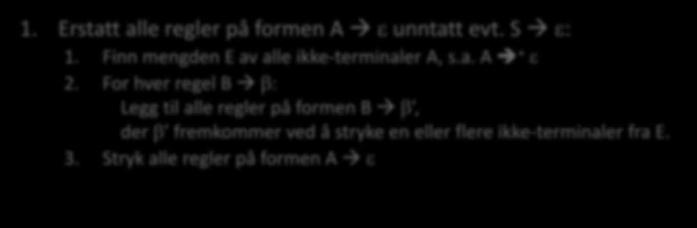 Erstatt alle regler på formen A B for B en ikke-terminal: 1.