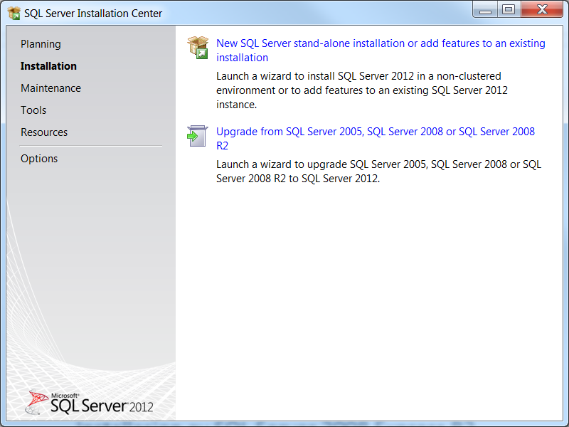 Installasjon av SQL Server 2012 Express Installasjonen starter opp et installasjonssenter.