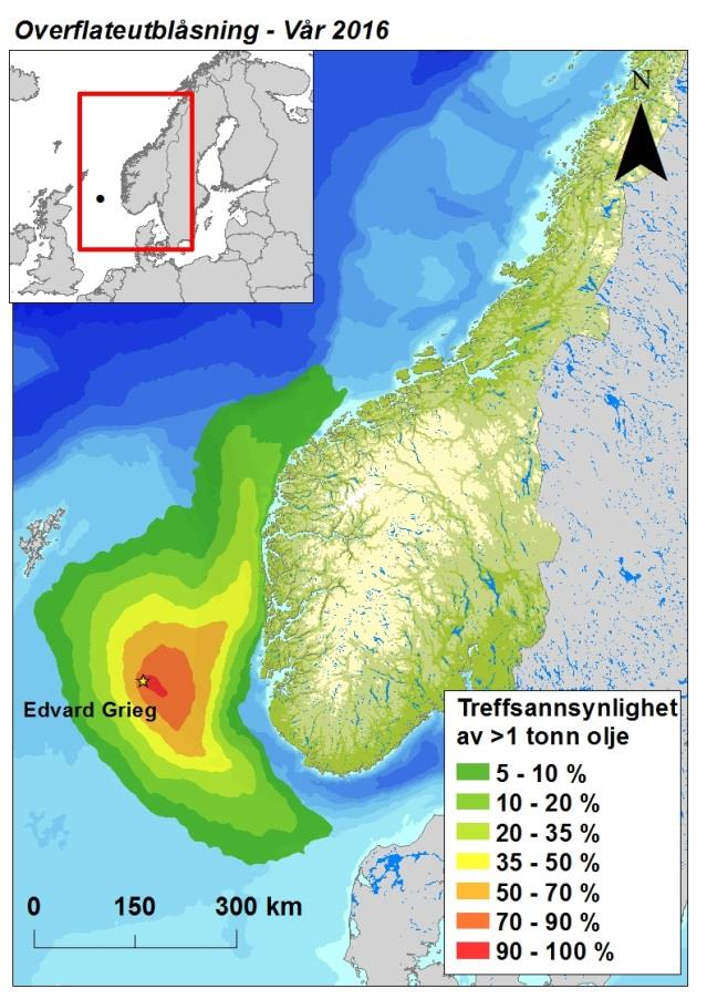 Figur A - 1 Influensområder ( 5 % sannsynlighet for treff av tonn olje per 10 10 km rute) gitt en utblåsning fra Edvard Grieg-feltet i drift-/utbyggingsåret 2016.