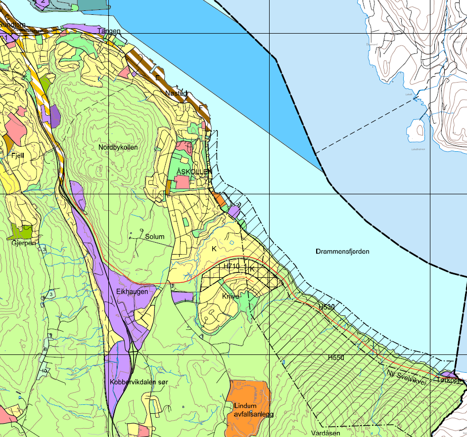 Figur 1. Utsnitt av arealplankart kommuneplan 2015-2036 4. Muligheter for arealutvikling langs eksisterende veg 4.