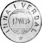 Sesongpoståpneriet INNA I VERDAL ble nedlagt 30.09.1970. Registrert brukt 31 XII 14 HLO Stempel nr. 2 Type: TA Utsendt 06.12.1937 Stempel nr. 1 Type: IV Utsendt 20.07.