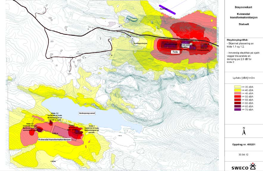 Juni 2012 Spenningsoppgradering Feda-Tonstad(Ertsmyra) Tilleggssøknad Feda. Kvinesdal transformatorstasjon. Figur 10. Støysonekart Kvinesdal transformatorstasjon. 5.5.3.