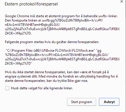 Når du starter opp en eksamen (testeksamen eller reell eksamen), får du opp følgende bilde: Her må du klikke "start program» slik at FLOWlock-browseren