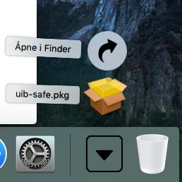 Når du klikker på Send etter å ha valgt «uib-safe.pkg», starter nedlastingen. Du finner da pakken under nedlastinger i dokken: Når du klikker på uib-safe.