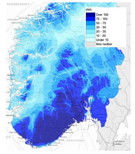 Figur 3.2: Kartet viser nedbørsmengde uke 38 (14. 20. september).