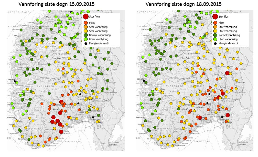 3.2 Vannføring Det ble registrert flomvannføringer med gjentaksintervall på 5 år eller mer i mange vassdrag på Sør- og Østlandet fra 14. september 