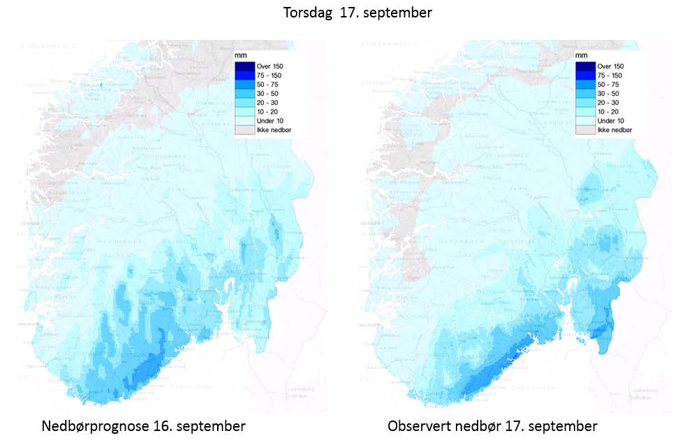 Interpolert værprognose og interpolerte observasjoner fra xgeo.no. Figur 4.