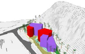 Figur 2: Fotomontasje av planforslaget som lå ute til offentlig ettersyn. Ved offentlig ettersyn ble det foreslått tre blokker på området, med til sammen 41 boenheter.