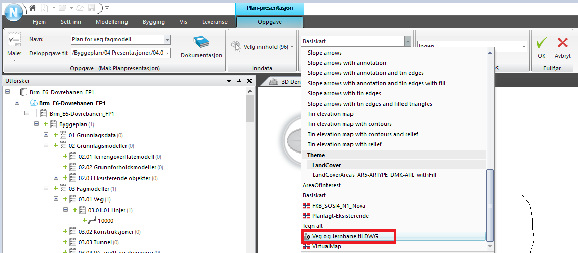 Velg Vis og Plan: Velg de vegene du vil ha med og velg Veg og Jernbane til DWG som