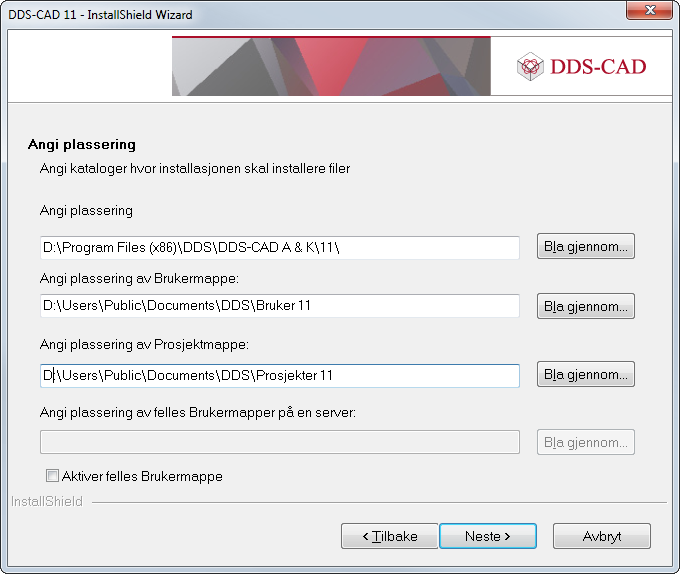 I neste dialog foreslås plasseringen av programmet, brukermappe og prosjektområde. Det er mulig å endre disse plasseringene i dialogen.