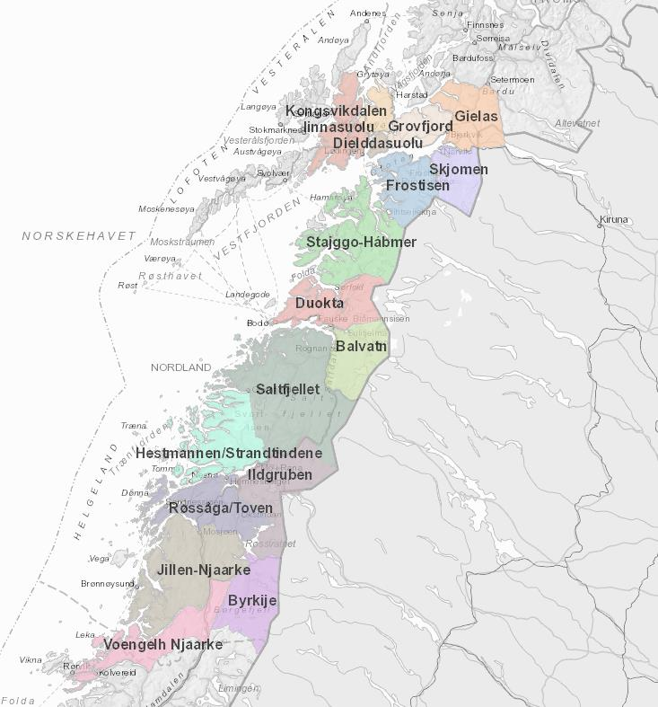 Reindrift i Nordland 19 reinbeitedistrikt med beiterett i Nordland fylke + svenske samebyer. 12 distrikter i Nordland reinbeiteområde Fra Voengelh-Njaarke i sør til Skjomen i nord.