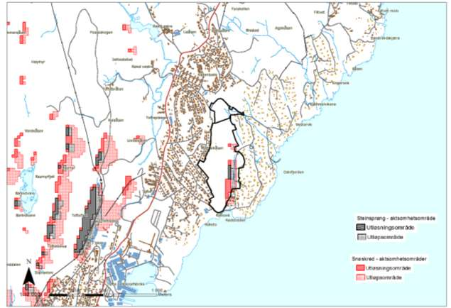 3.8 Samfunnstema: Samfunnssikkerhet, risiko og sårbarhet Beskrivelse: Planområdet er registrert med aktsomhetsområder (både utløp- og utløsningsområde) for steinsprang og snøskred i øst.