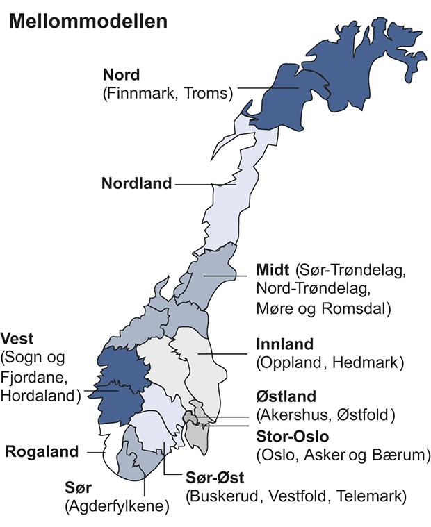 Agderfylka og Asker og Bærum Mellommodellen har ti politidistrikt og er etablert som eit mellomalternativ då