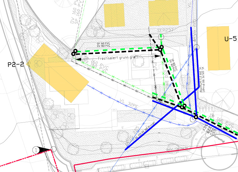 Tittel: Barnehage, grunn- og fundamenteringsforhold Side: 5 av 7 Figur 3-2: Utklipp fra tegning 14323_XXX_XX_V_700_10_001 med plassering av VA-ledninger.