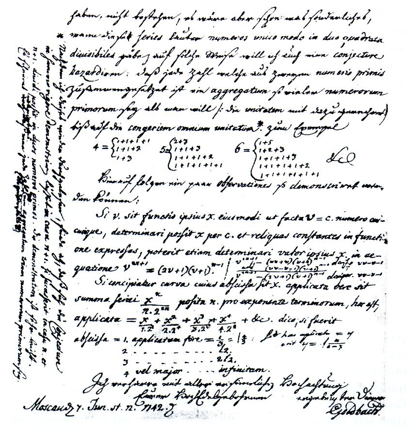 Goldbachs brev til Euler hvor han foreslår at