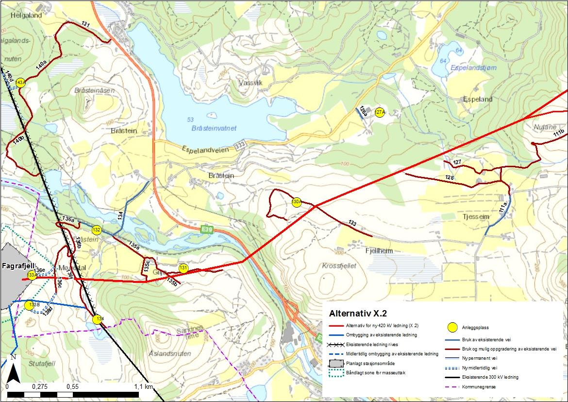 esember 2016 Tilleggssøknad Lyse - Fagrafjell 5.3.2.2 Alternativ X.2 Alternativ X.2 går fra området Espeland og inn til ny transformatorstasjon på Fagrafjell.