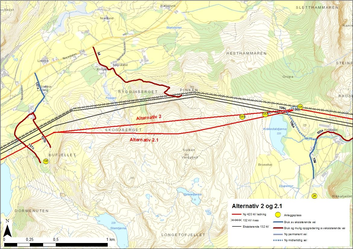 Tilleggssøknad Lyse - Fagrafjell esember 2016 Figur 12: Alternativ 2 og 2.1 ved Sporaland. Alternativ 2.1 omsøkes på linje med alternativ 2 og 2B. 5.3.3.2 Alternativ 5.1 og 5.