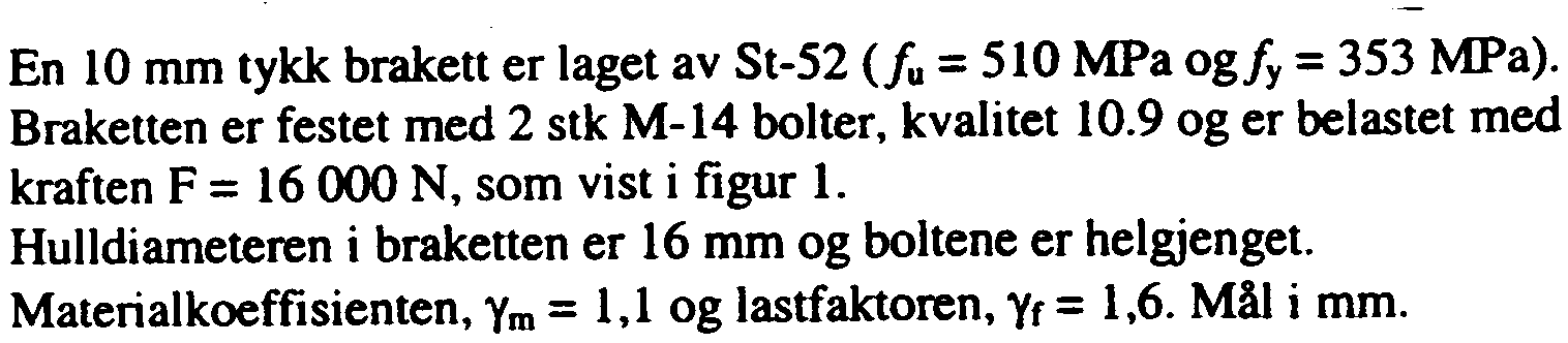 NB! DER HVOR KKE NOK DATA SYNES Å V le RE OPPGTT VELGES EGNE DA TA, MEN MER-K NØYE A V HVLKE DA T A SOM ER VALGT! Oppgave 1 - En 10 mm tykk brakett er laget av St-52 (fu = 510 MPa ogfy = 353 MPa).