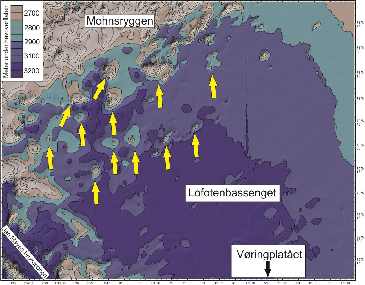 Kapittel 5 Diskusjon Figur 5.3. Batymetrisk kart over Lofotenbassenget. Gule piler viser lokaliteten til noen av havbunnsforhøyningene i vestlige del av Lofotenbassenget. Modifisert fra Geomapapp.