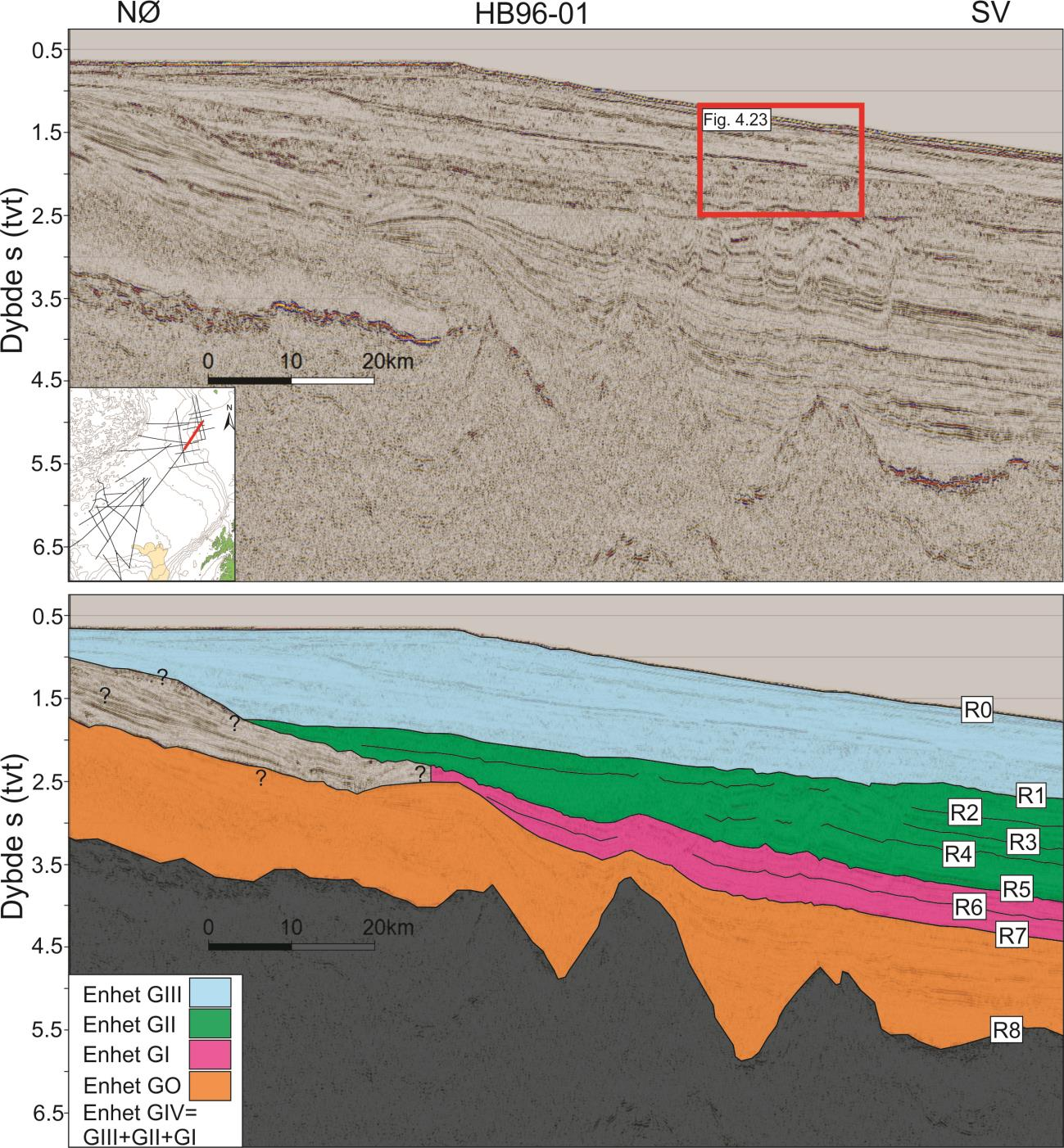 Kapittel 4 Resultater Figur 4.22. Øverst: Seismiske profil uten tolkning fra det proksimale studieområdet. Lokasjonen til det seismiske profilet er markert med rød strek på kartet i venstre hjørne.