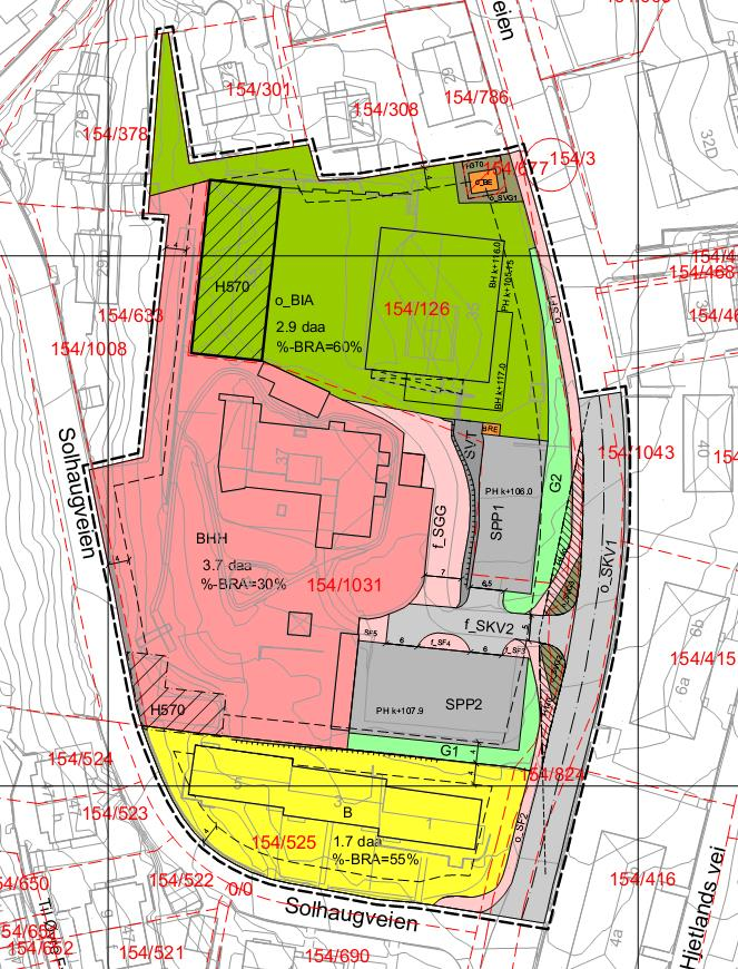 Eksisterende boligbebyggelse (B), barnehagebygg (BHH) og avkjørsel til planområdet endres ikke som følge av planforslaget.