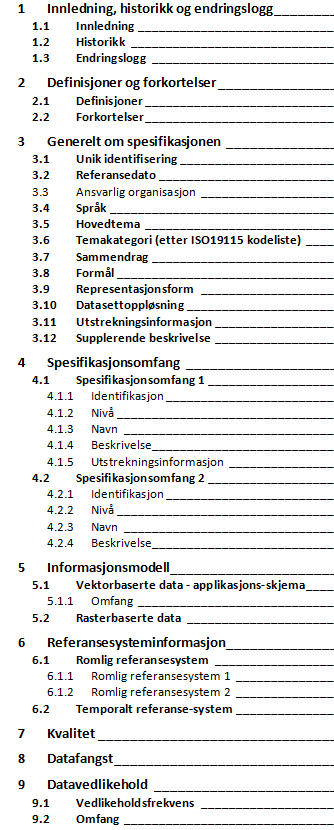 Side 16 av 16 Vedlegg 1 Kapittelinndeling til en produktspesifikasjon I dette vedlegget er